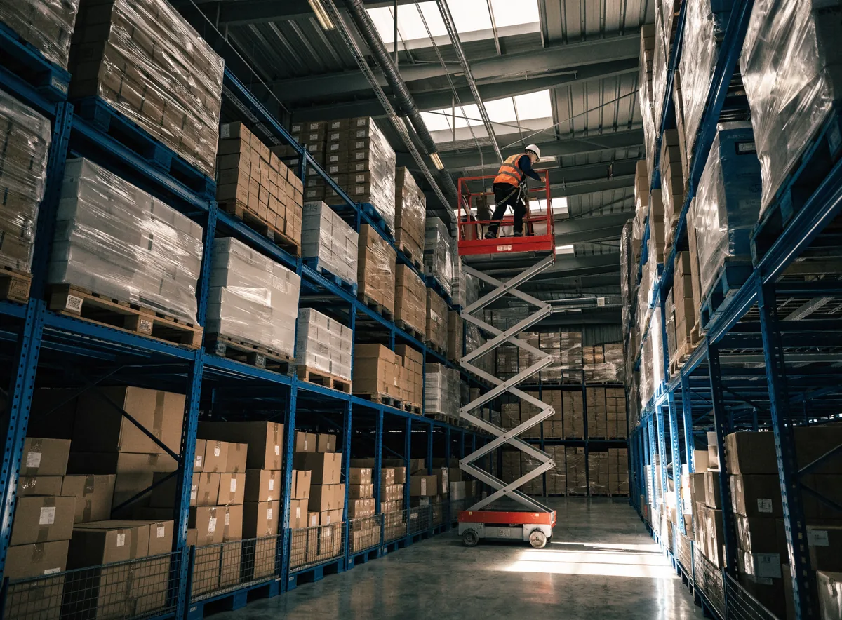 Plataforma elevatória tesoura elevada entre porta-paletes de um galpão logístico, operador trabalhando na estrutura metálica do telhado