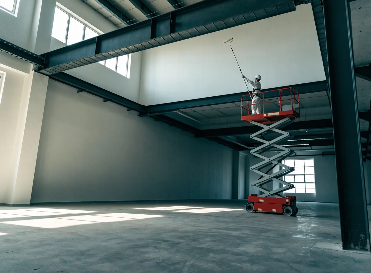 Plataforma elevatória tesoura elevada em galpão industrial vazio, pintor com EPI aplicando tinta em parede alta com rolo de extensão