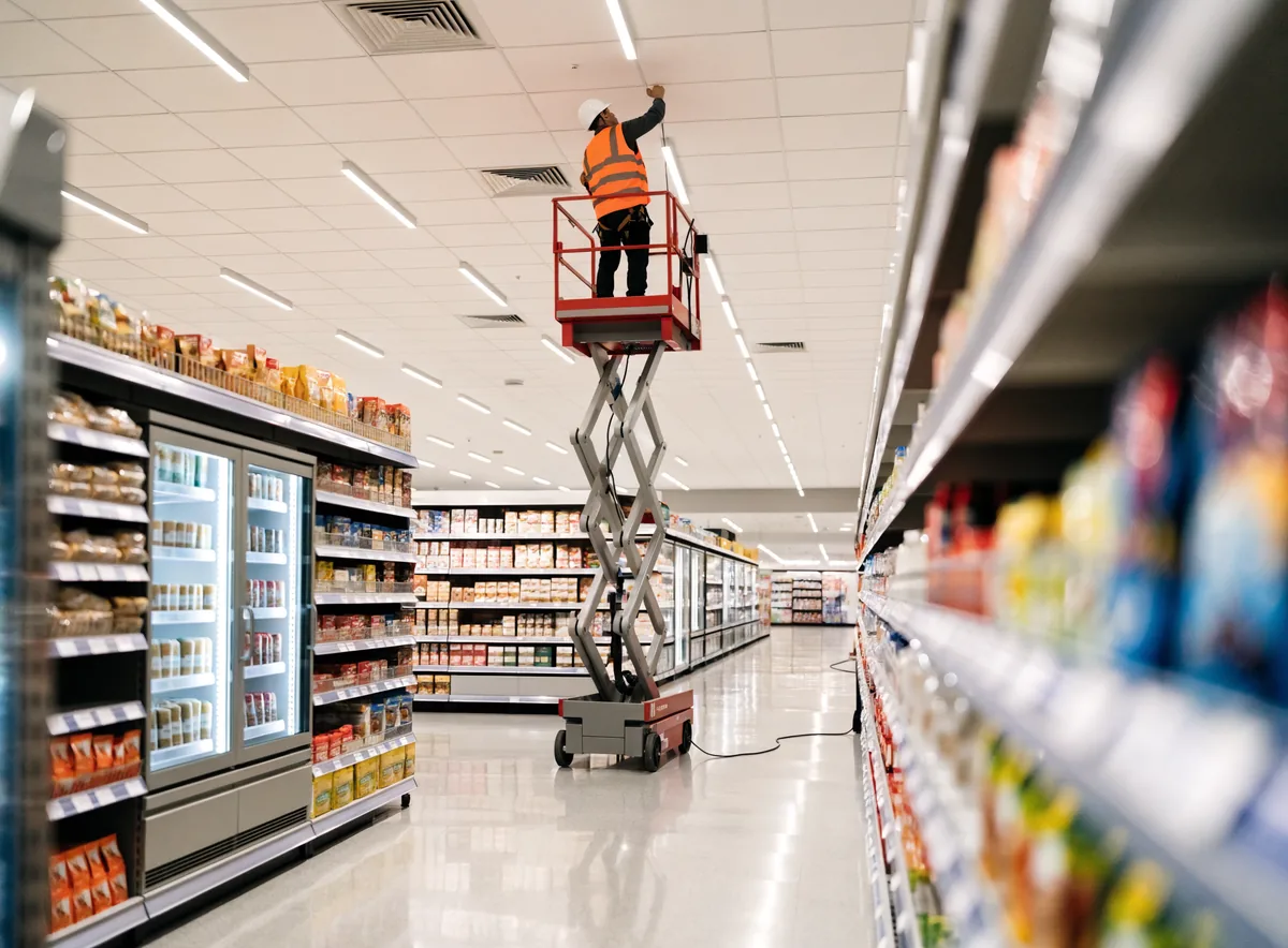Plataforma elevatória tipo tesoura elevada em corredor de supermercado, técnico com capacete e cinto de segurança fazendo manutenção de luminária no forro